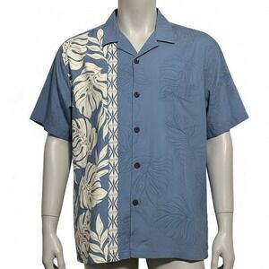 Hilo Hattie Side Border Prince Kuhio Aloha Shirt Blue White Men's Size L